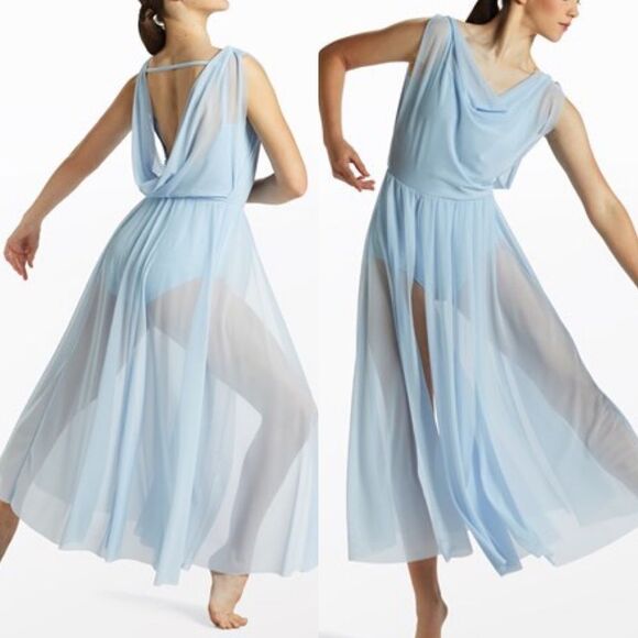 Weissman Balera Dance Costume DOUBLE COWL MESH MAXI DRESS D10454 stoned blue SA - Picture 1 of 13